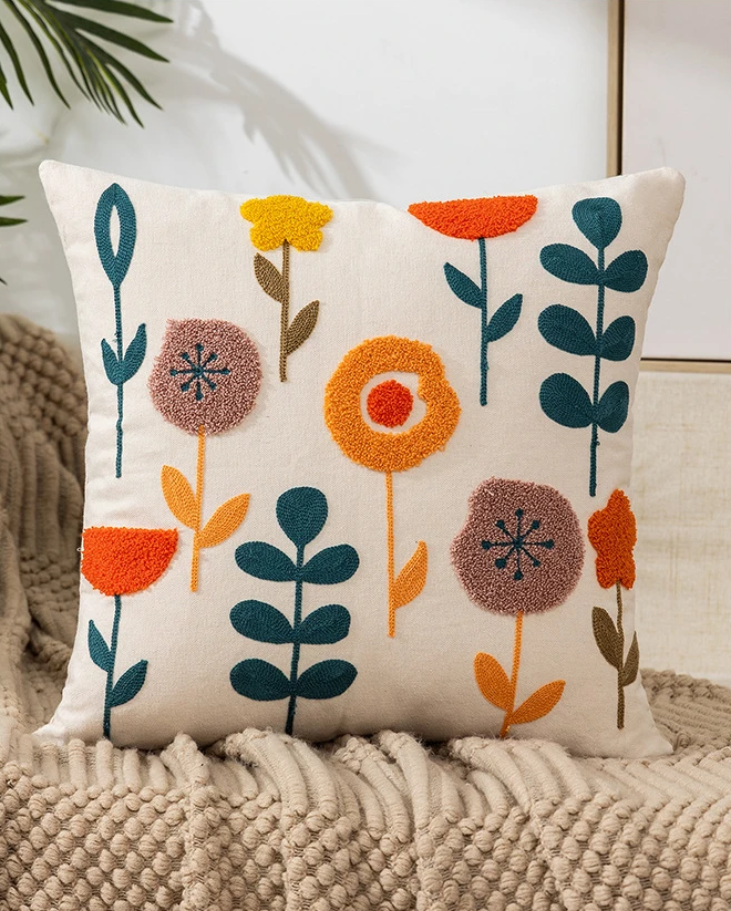 Flower Embroidered Boho Throw Pillow Cover with Pillow 45 x 45 cm