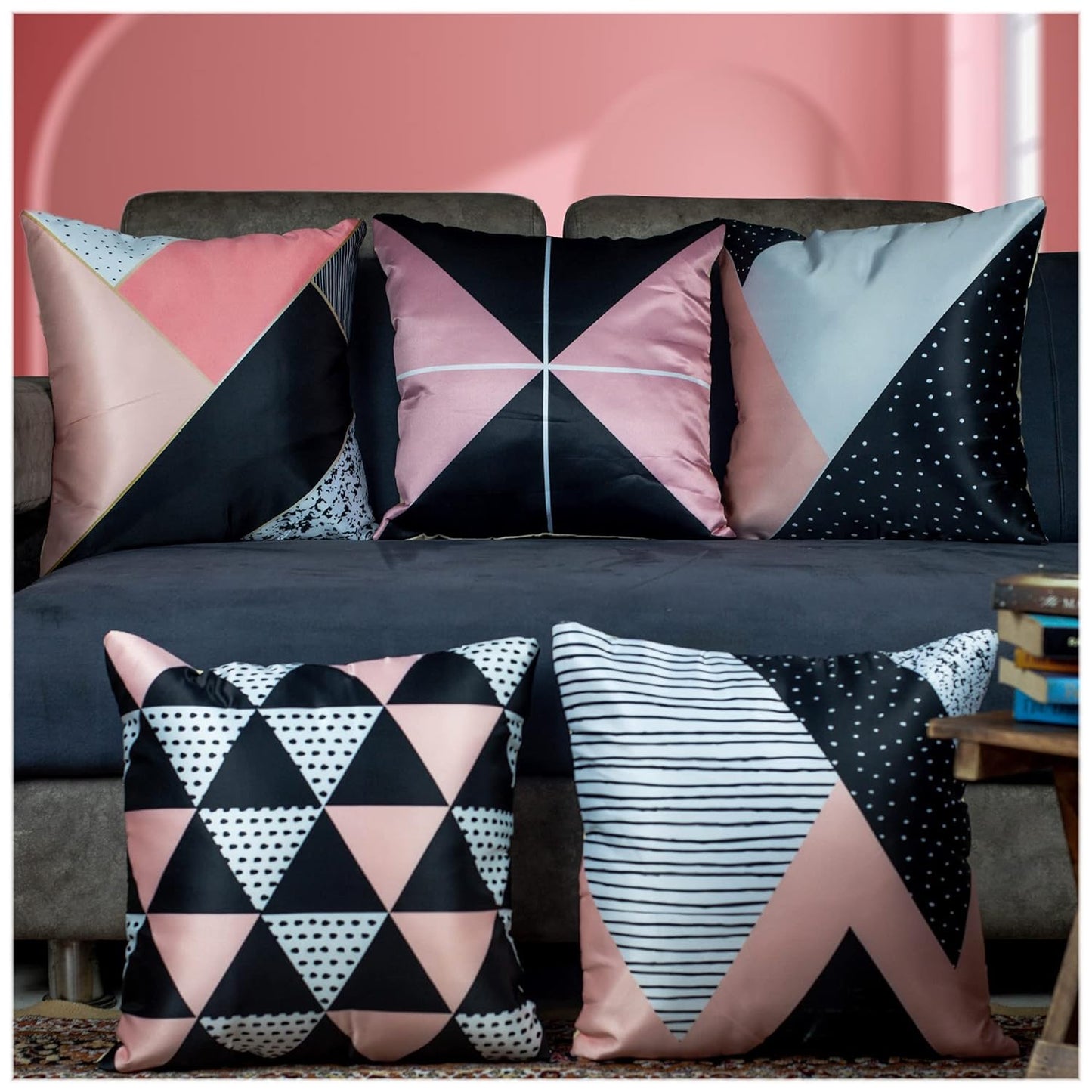 Premium Satin Cushion Cover Set of 5 - Pink/Black - 16 x 16 Inches