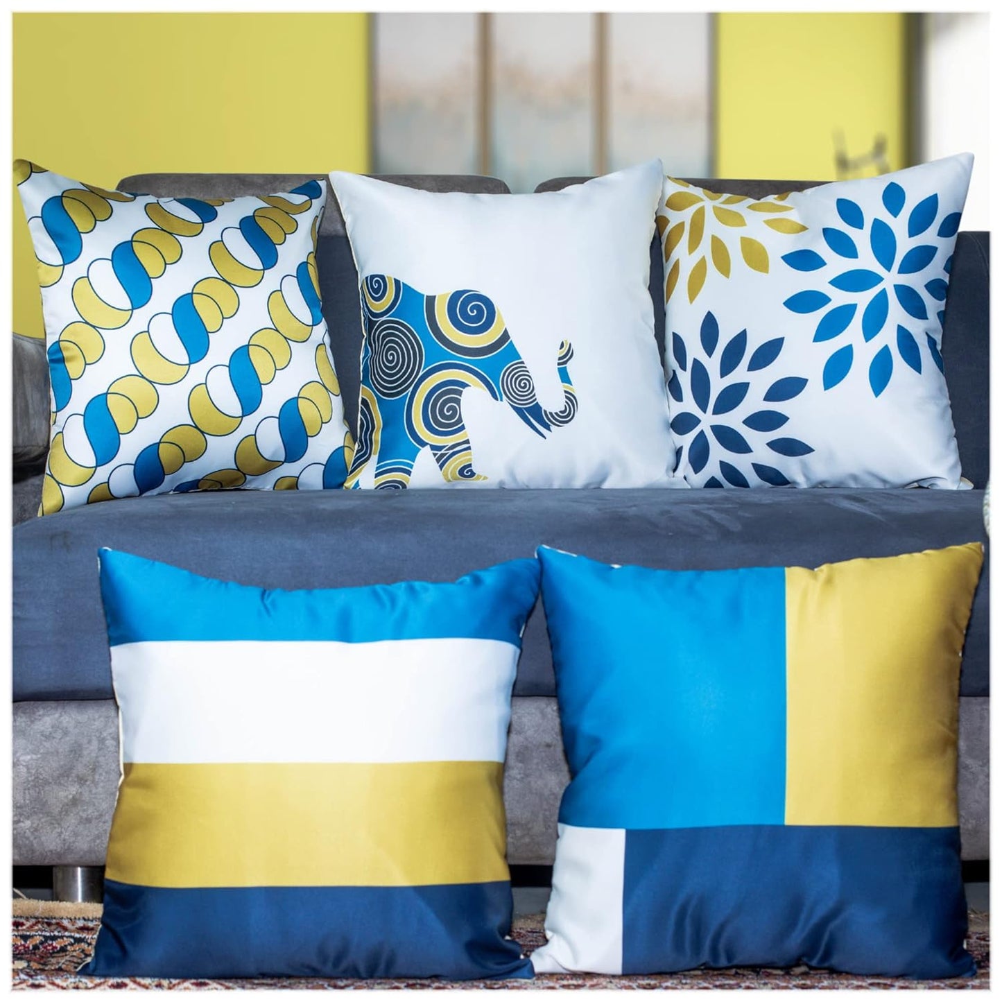 Premium Satin Cushion Cover Set of 5 - Blue/Gold - 16 x 16 Inches