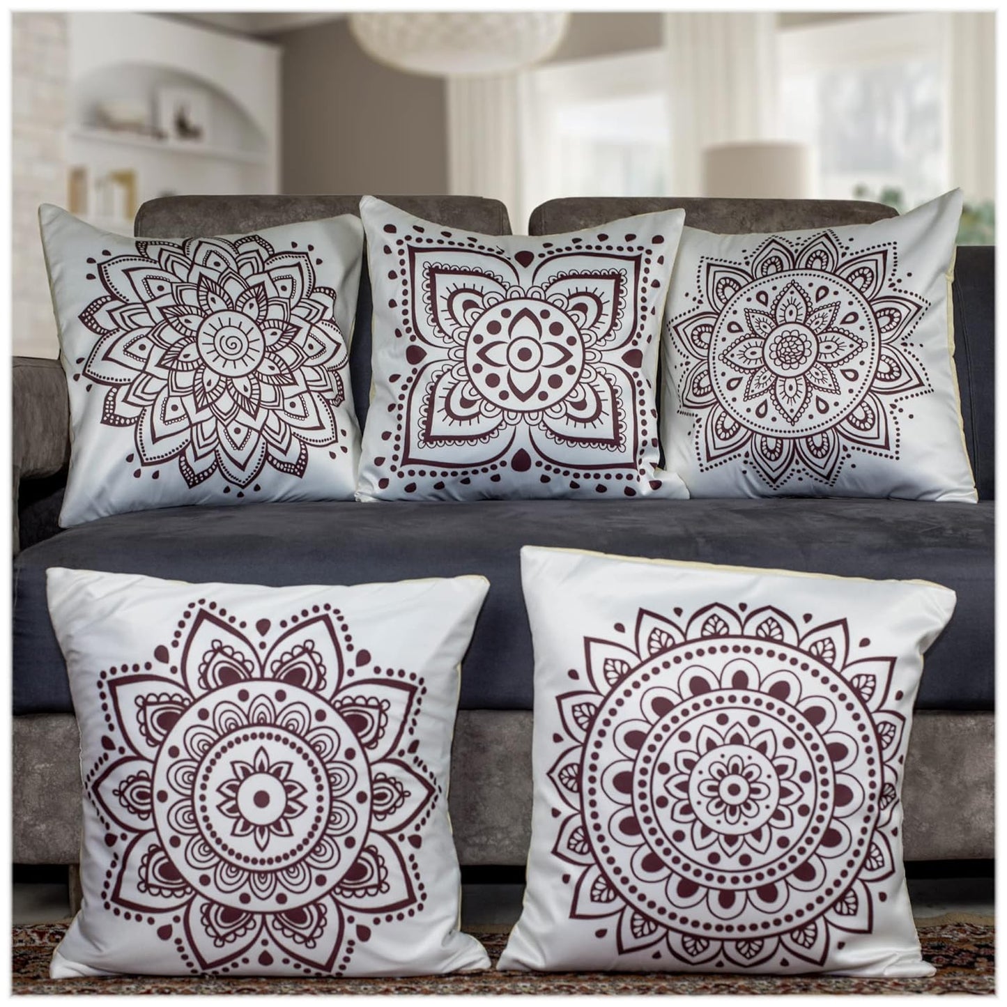 Premium Satin Cushion Cover Set of 5 - Mandala - 16 x 16 Inches