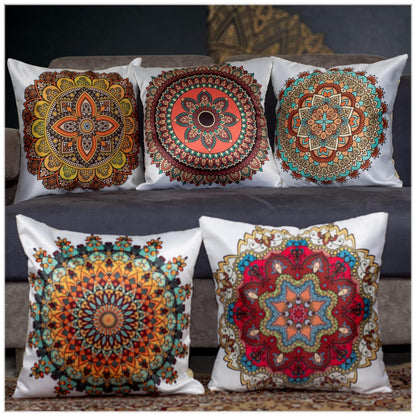 Premium Satin Cushion Cover Set of 5 - Mystic Mandala - 16 x 16 Inches