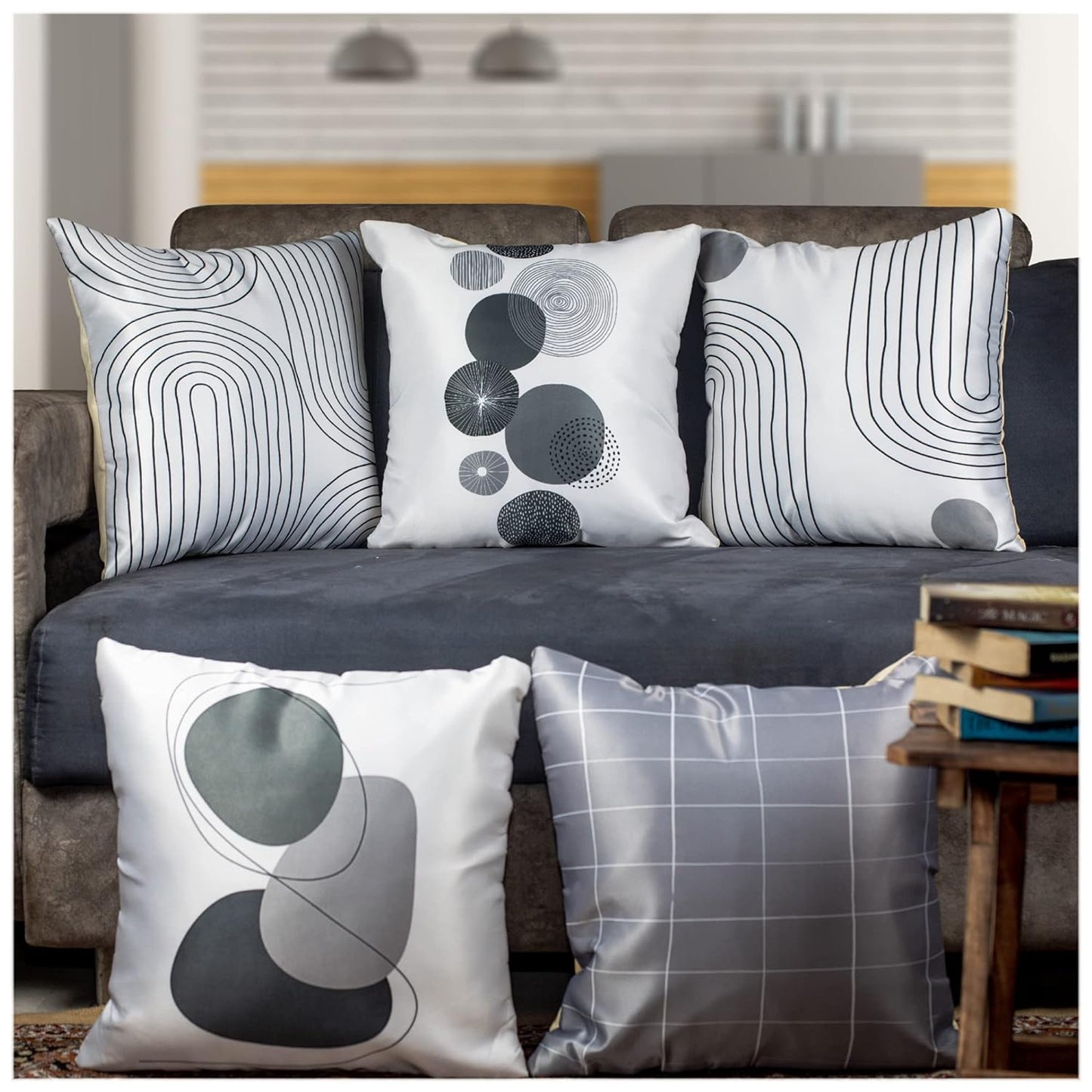 Premium Satin Cushion Cover Set of 5 - Silver Monochrome - 16 x 16 Inches